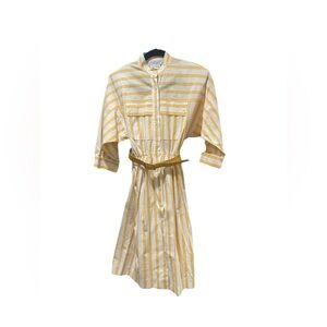 Vintage Yellow Striped Warren Petites Neiman Marcus Belted Shirt Dress Size 4